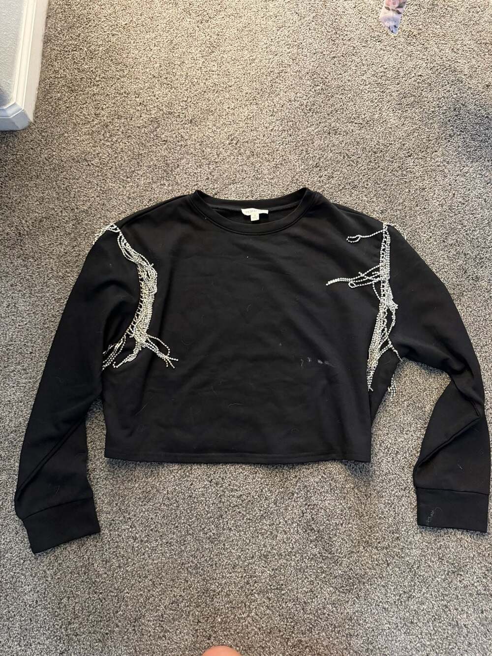 Mainstrip black sweatshirt with rhinestone fringe detailing